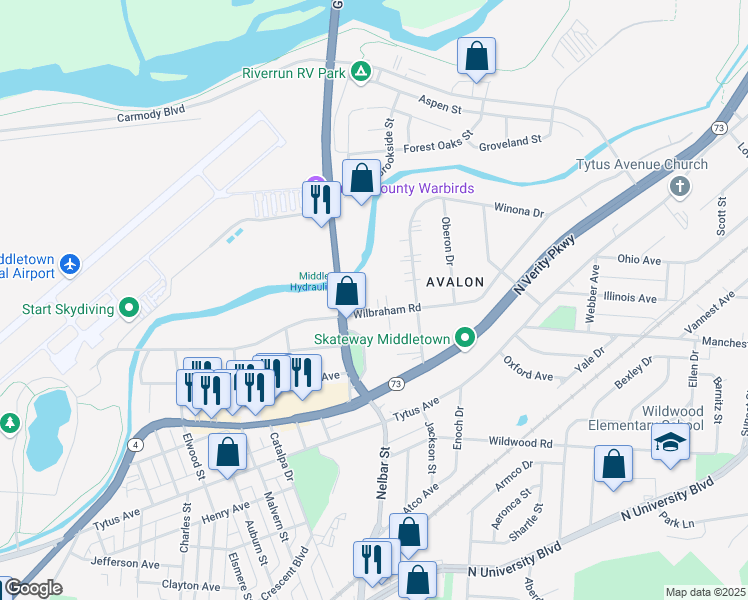 map of restaurants, bars, coffee shops, grocery stores, and more near 1712 Germantown Road in Middletown