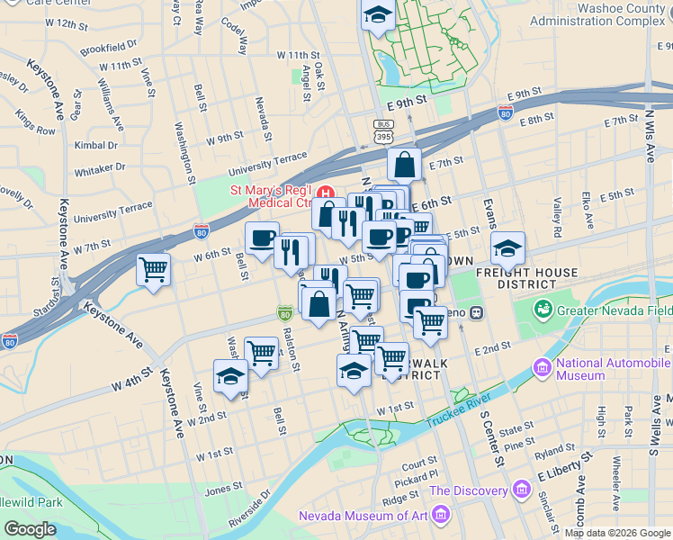 map of restaurants, bars, coffee shops, grocery stores, and more near 450 North Arlington Avenue in Reno