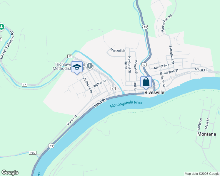 map of restaurants, bars, coffee shops, grocery stores, and more near 13 Mill Street in Rivesville