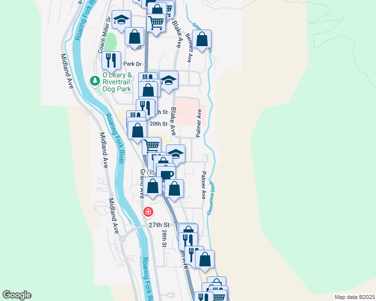 map of restaurants, bars, coffee shops, grocery stores, and more near 2102 Blake Ave in Glenwood Springs