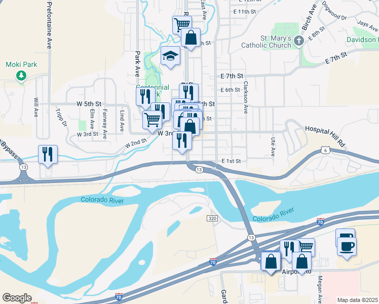map of restaurants, bars, coffee shops, grocery stores, and more near 107 East 2nd Street in Rifle