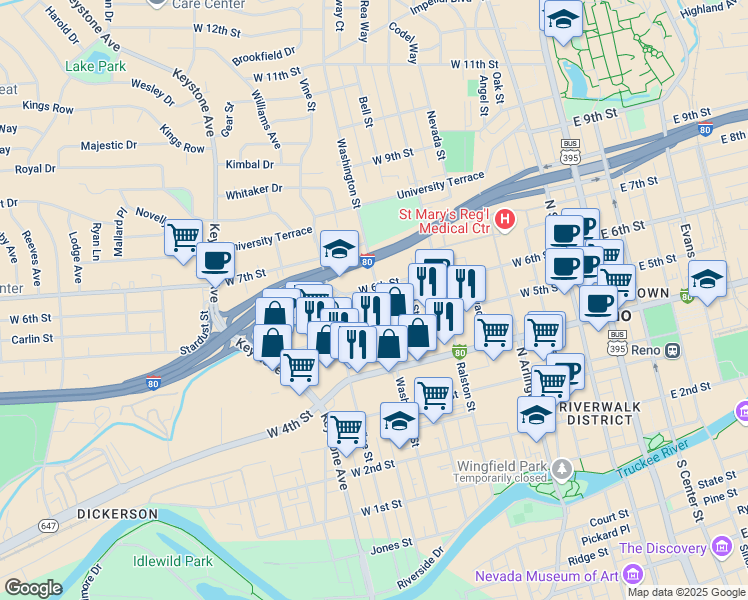 map of restaurants, bars, coffee shops, grocery stores, and more near 705 West 6th Street in Reno