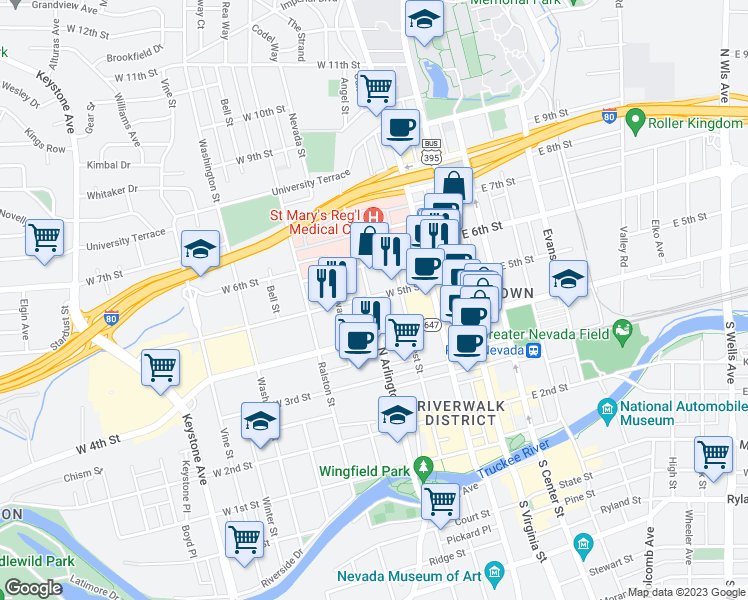 map of restaurants, bars, coffee shops, grocery stores, and more near 255 West 5th Street in Reno