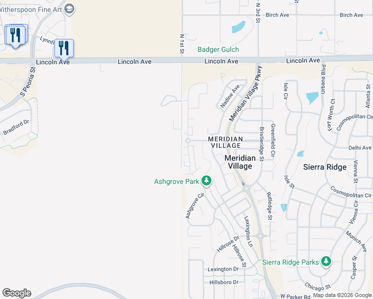 map of restaurants, bars, coffee shops, grocery stores, and more near 10204 Tall Oaks Circle in Parker