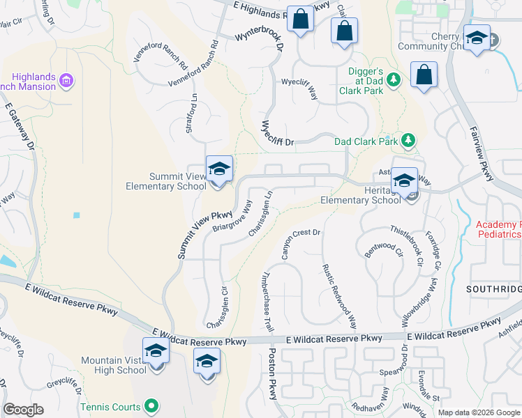 map of restaurants, bars, coffee shops, grocery stores, and more near 10145 Charissglen Lane in Littleton