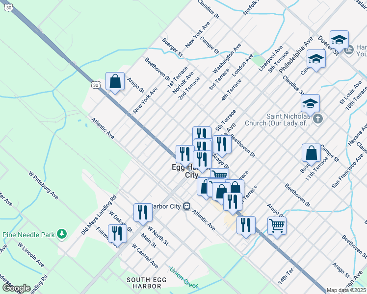 map of restaurants, bars, coffee shops, grocery stores, and more near 131 London Avenue in Egg Harbor City