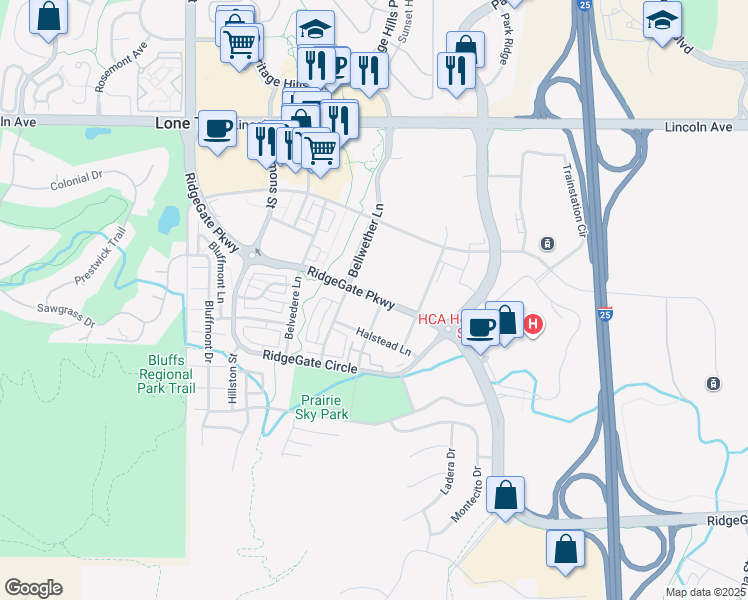 map of restaurants, bars, coffee shops, grocery stores, and more near 9580 Ridgegate Parkway in Lone Tree