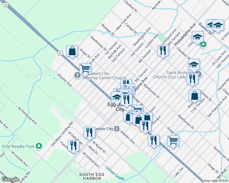 map of restaurants, bars, coffee shops, grocery stores, and more near 131 London Avenue in Egg Harbor City
