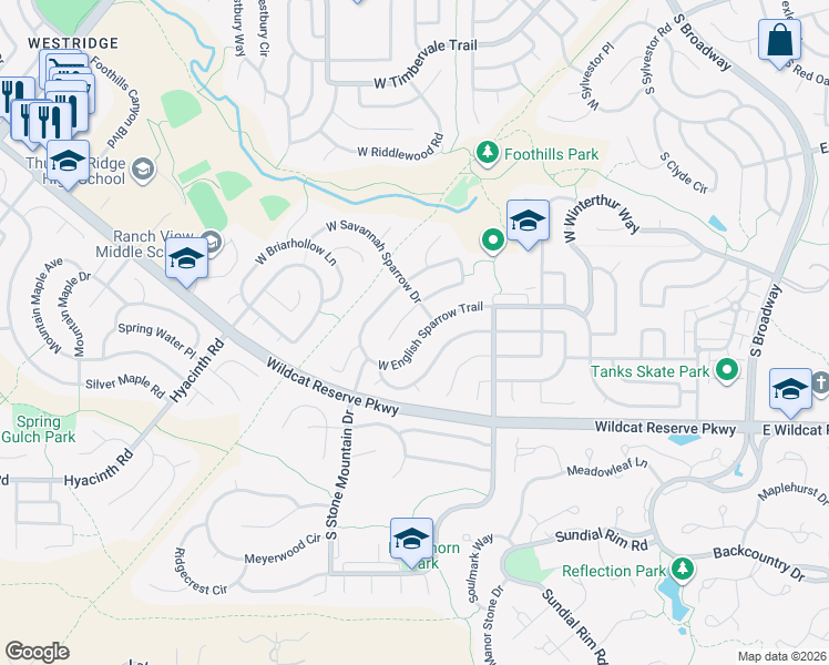 map of restaurants, bars, coffee shops, grocery stores, and more near 10106 South Savannah Sparrow Way in Littleton