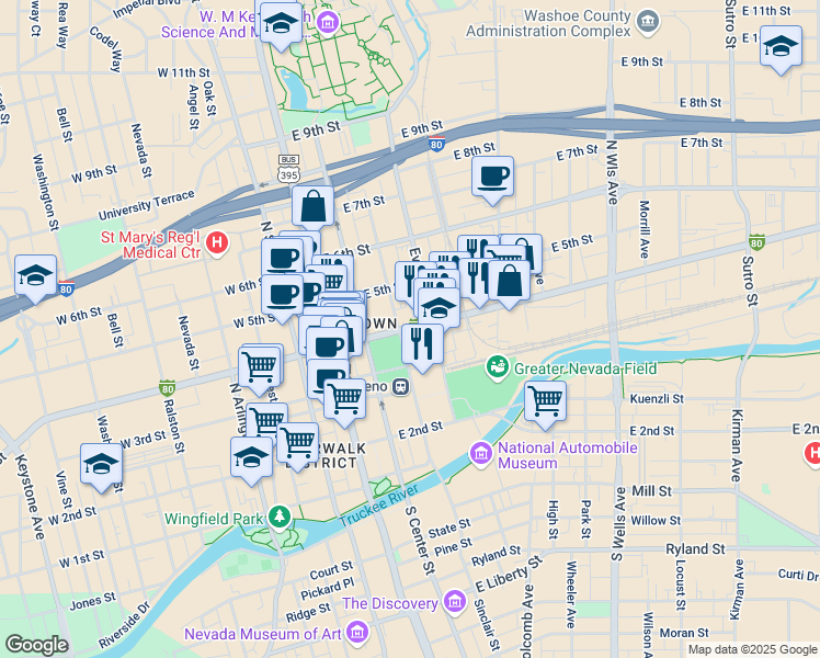 map of restaurants, bars, coffee shops, grocery stores, and more near 208 East 4th Street in Reno