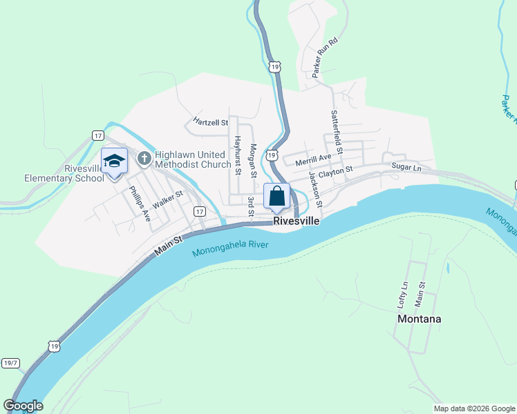 map of restaurants, bars, coffee shops, grocery stores, and more near 37 3rd Street in Rivesville