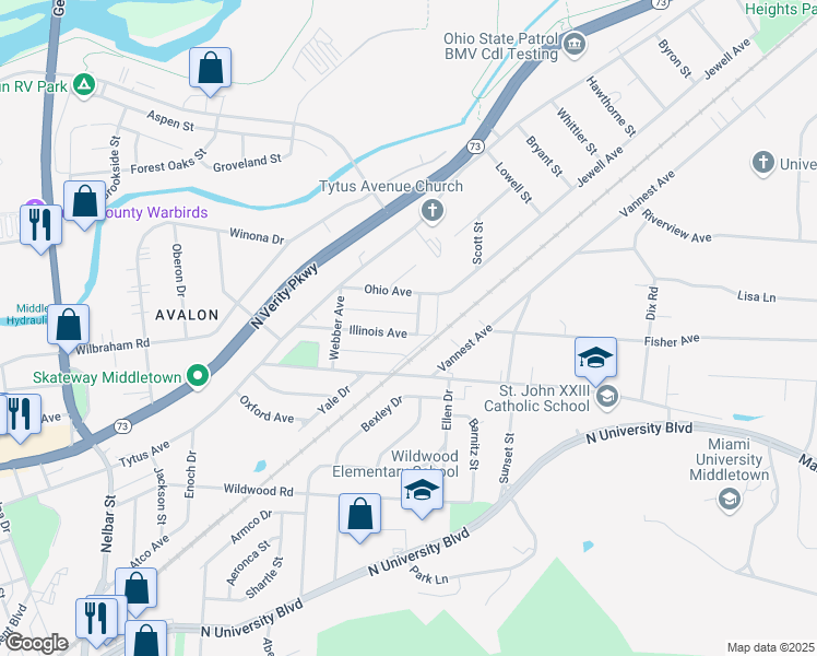 map of restaurants, bars, coffee shops, grocery stores, and more near 3217 Illinois Avenue in Middletown