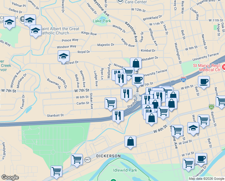 map of restaurants, bars, coffee shops, grocery stores, and more near 1445 West 7th Street in Reno