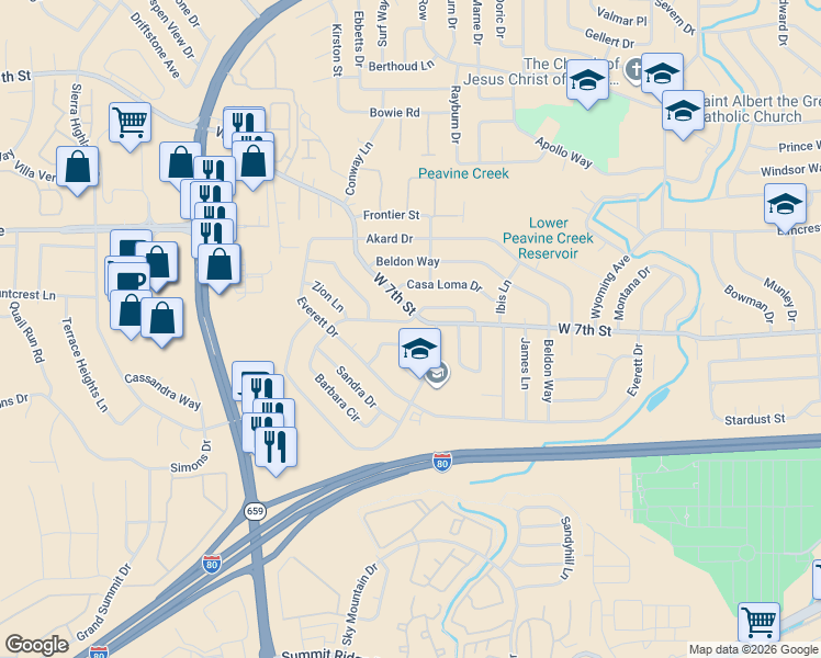 map of restaurants, bars, coffee shops, grocery stores, and more near 3370 Downey Avenue in Reno