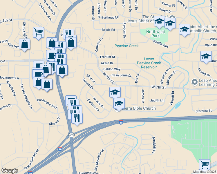 map of restaurants, bars, coffee shops, grocery stores, and more near 3465 Downey Avenue in Reno