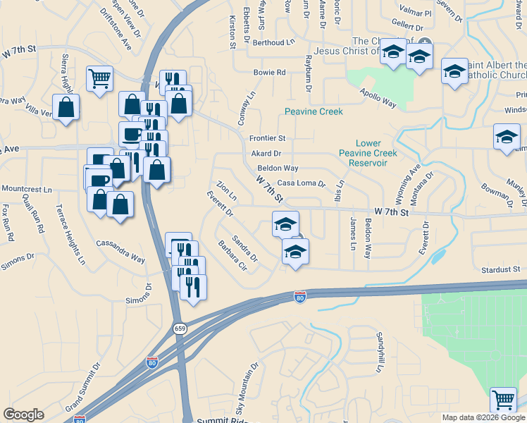 map of restaurants, bars, coffee shops, grocery stores, and more near 3465 Downey Avenue in Reno