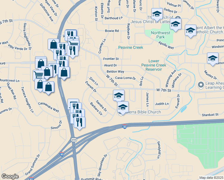 map of restaurants, bars, coffee shops, grocery stores, and more near 3465 Downey Avenue in Reno