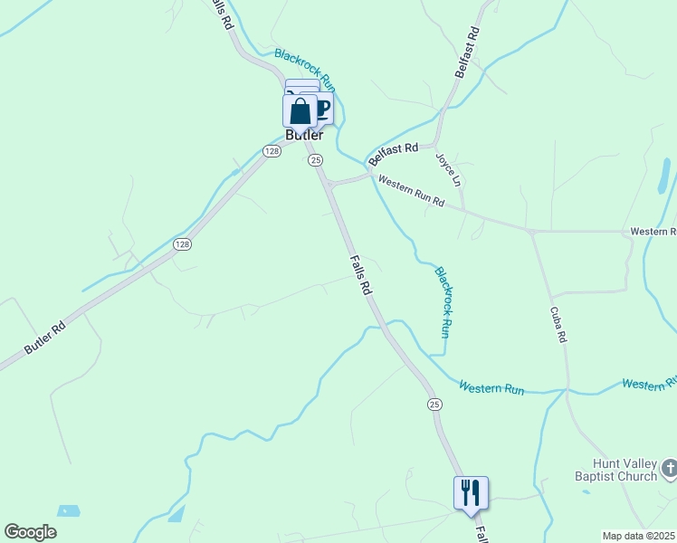 map of restaurants, bars, coffee shops, grocery stores, and more near 14802 Falls Road in Cockeysville