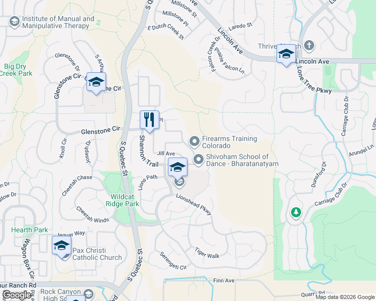 map of restaurants, bars, coffee shops, grocery stores, and more near 10235 Alexa Lane in Littleton