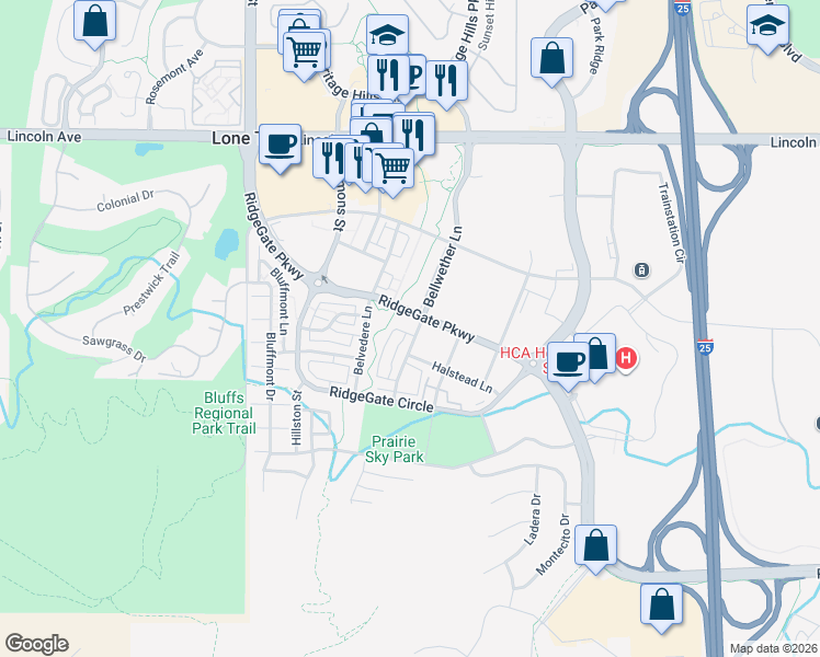 map of restaurants, bars, coffee shops, grocery stores, and more near 9430 Ridgegate Parkway in Lone Tree