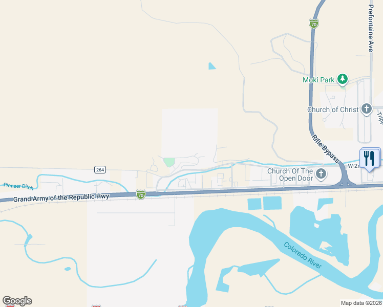 map of restaurants, bars, coffee shops, grocery stores, and more near 2432 Pioneer Way in Rifle