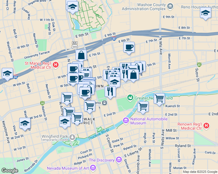 map of restaurants, bars, coffee shops, grocery stores, and more near 208 East 4th Street in Reno