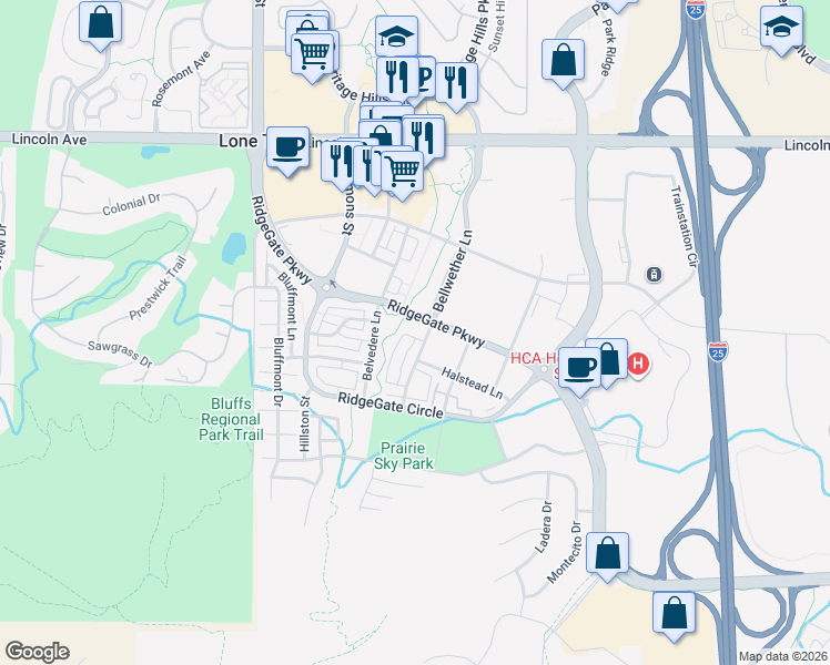 map of restaurants, bars, coffee shops, grocery stores, and more near 9430 Ridgegate Parkway in Lone Tree