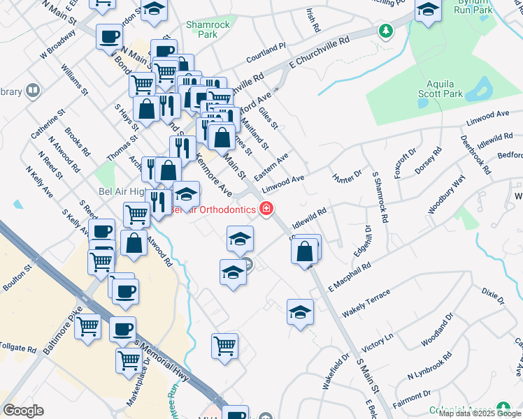 map of restaurants, bars, coffee shops, grocery stores, and more near 528 South Main Street in Bel Air