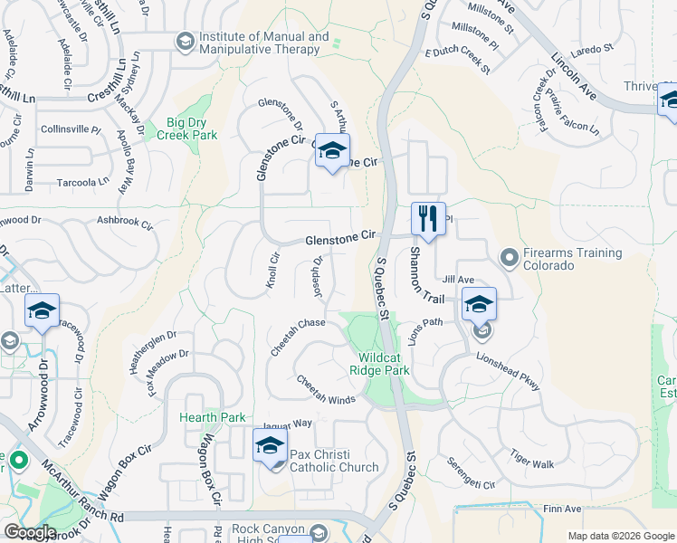 map of restaurants, bars, coffee shops, grocery stores, and more near 10156 Joseph Drive in Littleton