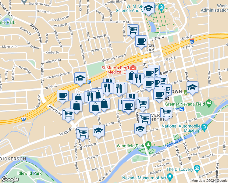 map of restaurants, bars, coffee shops, grocery stores, and more near 526 Ralston Street in Reno