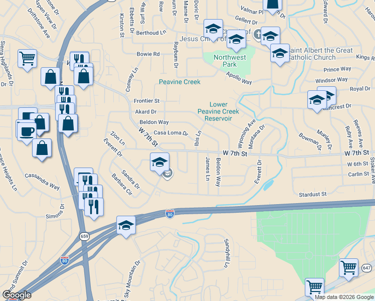map of restaurants, bars, coffee shops, grocery stores, and more near West 7th Street & Nancy Circle in Reno
