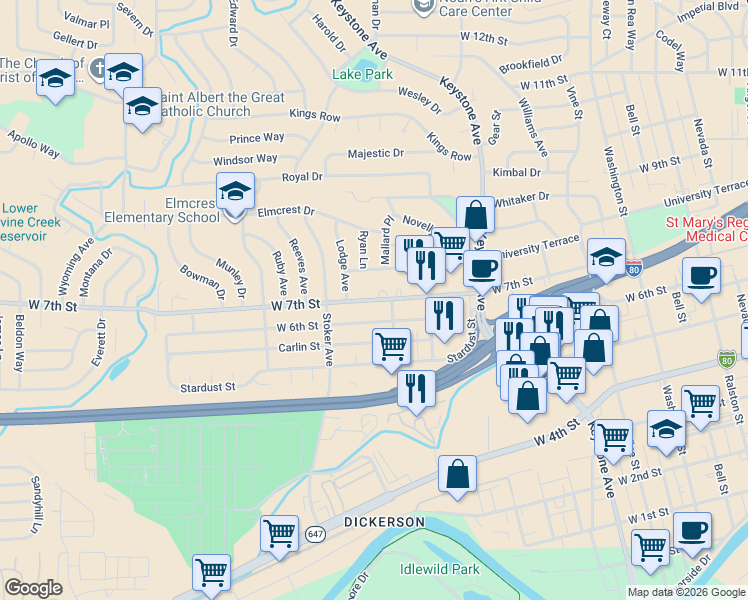 map of restaurants, bars, coffee shops, grocery stores, and more near 1569 West Seventh Street in Reno
