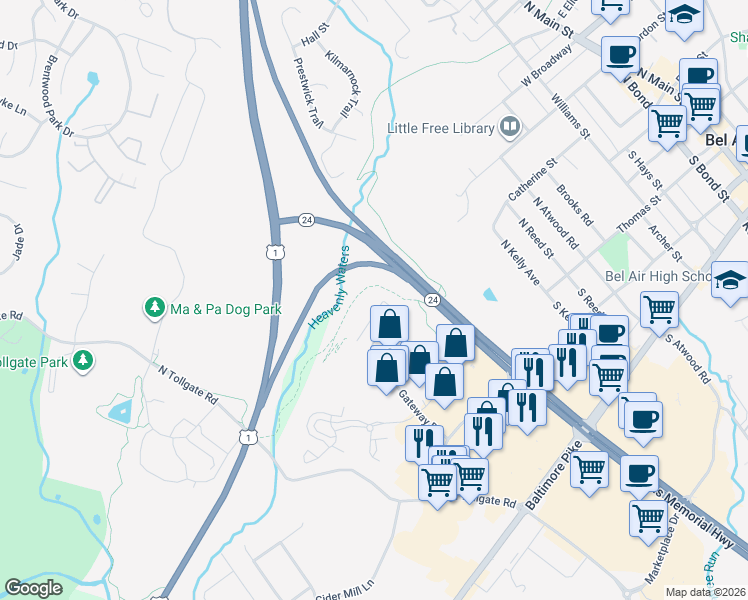 map of restaurants, bars, coffee shops, grocery stores, and more near 634 Wallingford Road in Bel Air