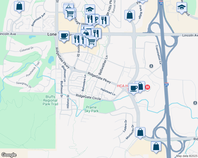 map of restaurants, bars, coffee shops, grocery stores, and more near 9580 RidgeGate Parkway in Lone Tree