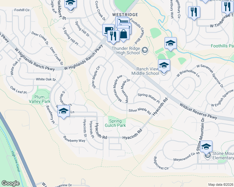 map of restaurants, bars, coffee shops, grocery stores, and more near 2023 Mountain Maple Avenue in Littleton