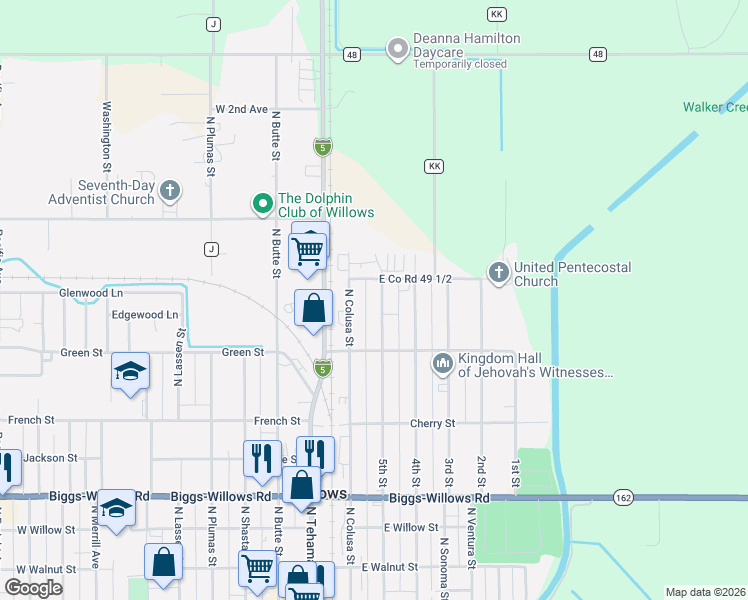 map of restaurants, bars, coffee shops, grocery stores, and more near 647 5th Street in Willows