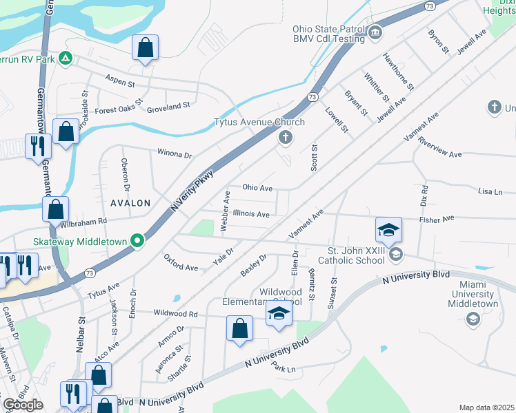 map of restaurants, bars, coffee shops, grocery stores, and more near 3207 Illinois Avenue in Middletown