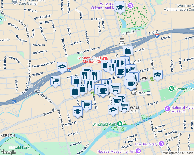 map of restaurants, bars, coffee shops, grocery stores, and more near 523 Nevada Street in Reno