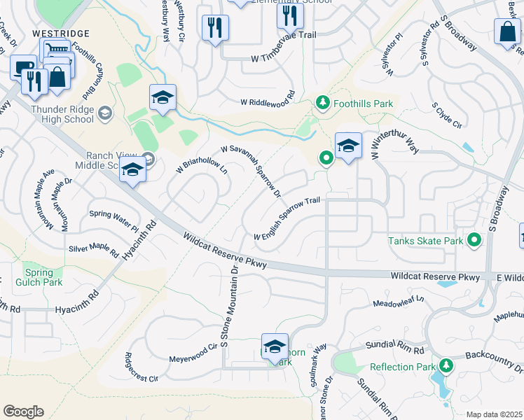 map of restaurants, bars, coffee shops, grocery stores, and more near 10155 South Savannah Sparrow Way in Littleton