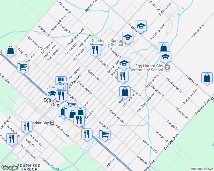 map of restaurants, bars, coffee shops, grocery stores, and more near 403 Chicago Avenue in Egg Harbor City