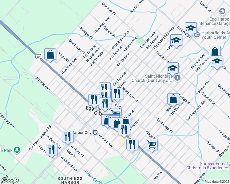 map of restaurants, bars, coffee shops, grocery stores, and more near in Egg Harbor Township