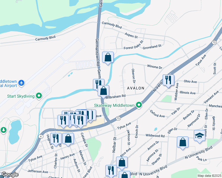 map of restaurants, bars, coffee shops, grocery stores, and more near 1712 Germantown Road in Middletown