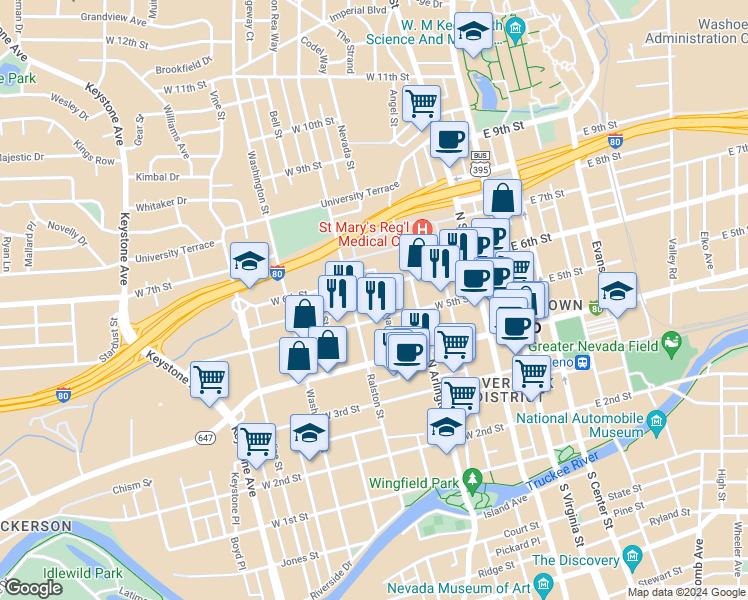 map of restaurants, bars, coffee shops, grocery stores, and more near 350 West 6th Street in Reno