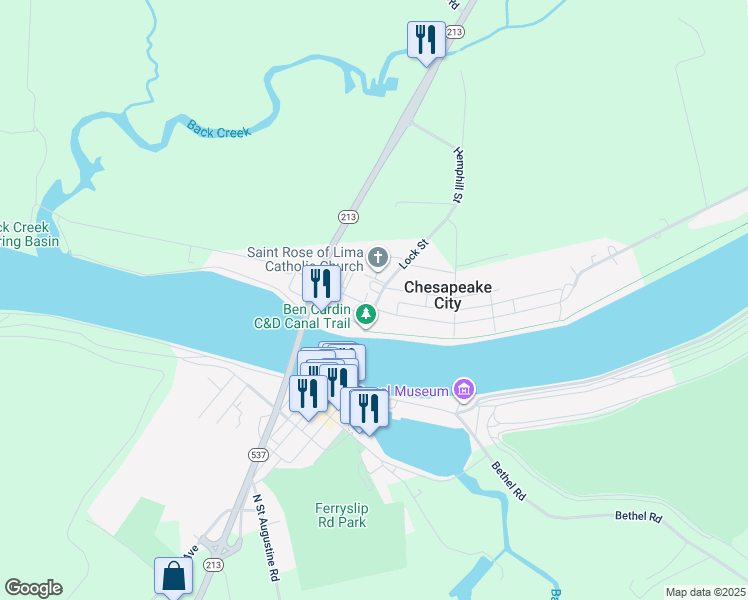 map of restaurants, bars, coffee shops, grocery stores, and more near 214 Lock Street in Chesapeake City
