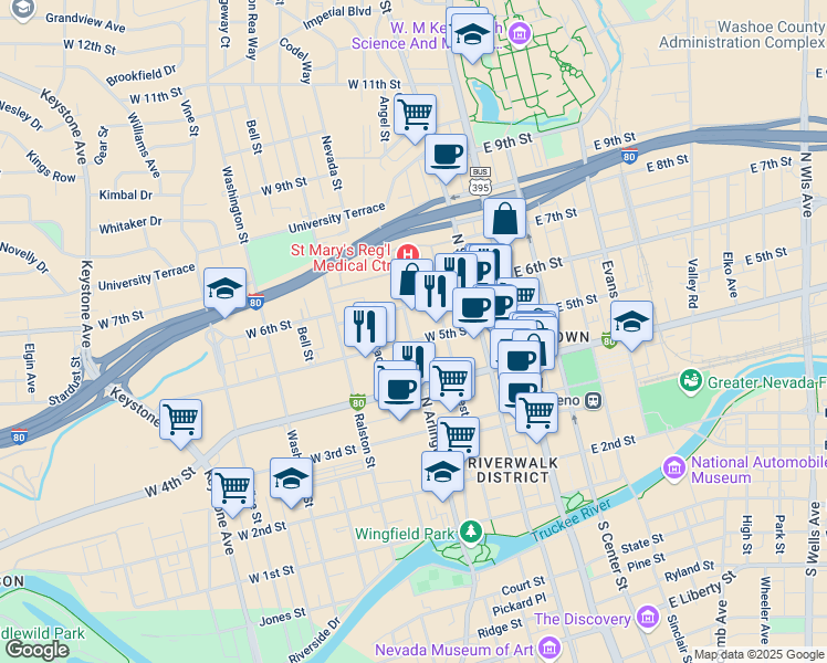 map of restaurants, bars, coffee shops, grocery stores, and more near 255 West 5th Street in Reno