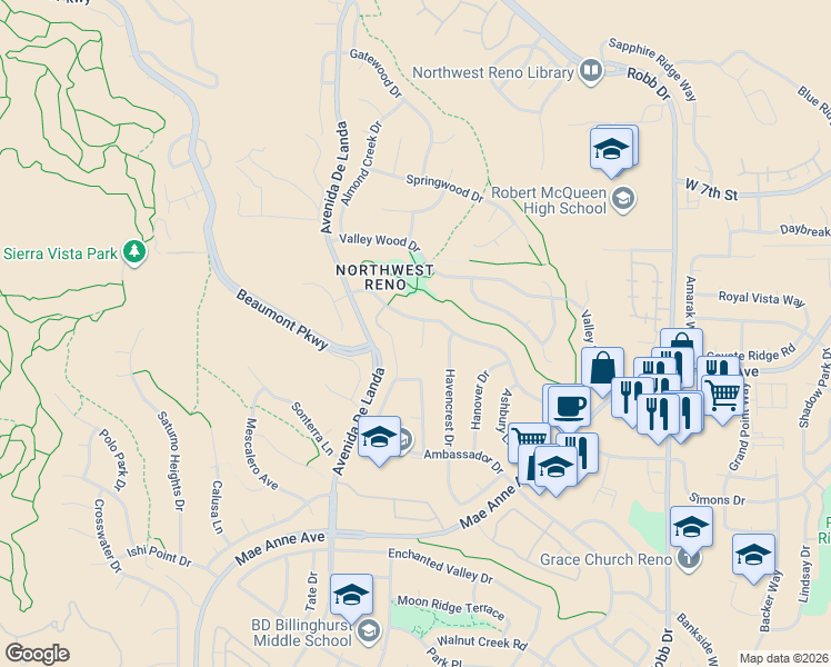 map of restaurants, bars, coffee shops, grocery stores, and more near 1799 Albright Court in Reno