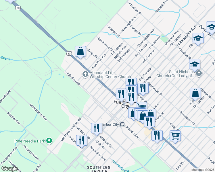 map of restaurants, bars, coffee shops, grocery stores, and more near 100 Washington Avenue in Egg Harbor City