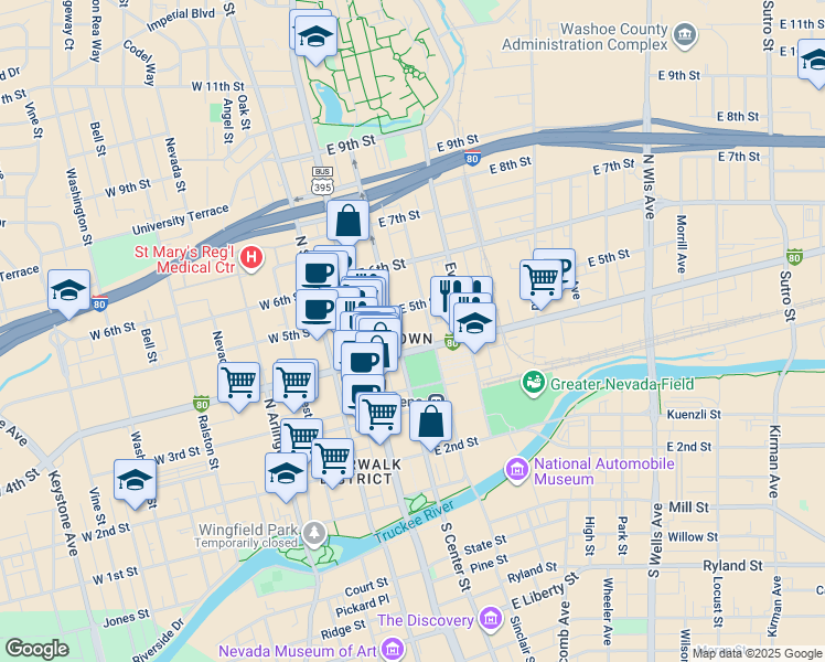 map of restaurants, bars, coffee shops, grocery stores, and more near 400 North Center Street in Reno