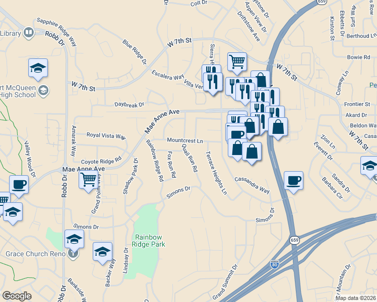 map of restaurants, bars, coffee shops, grocery stores, and more near 1868 Quail Run Road in Reno