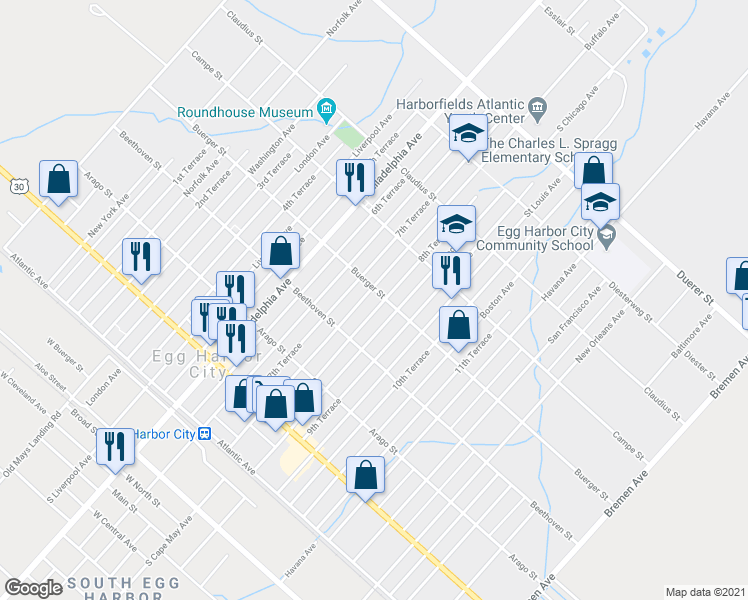 map of restaurants, bars, coffee shops, grocery stores, and more near 349 Buffalo Avenue in Egg Harbor City